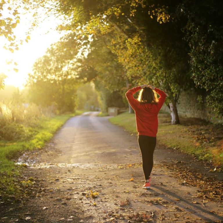 Mujer de espaldas con sudadera roja caminando sola por un camino de tierra al atardecer